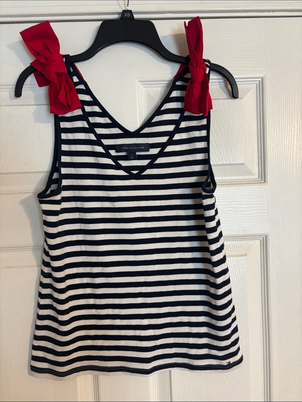 Tommy Hilfiger Patriotic Navy and White Striped Tank with Red Tie Straps Medium
